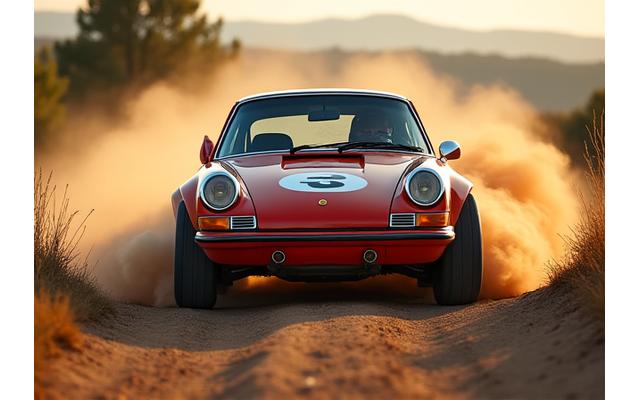 Custom built Porsche 911 Safari rally car on a dirt track