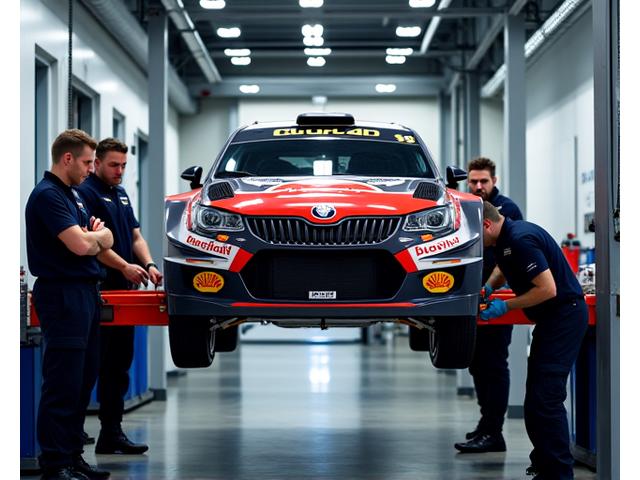 Rally car being meticulously inspected and prepped by mechanics in a garage